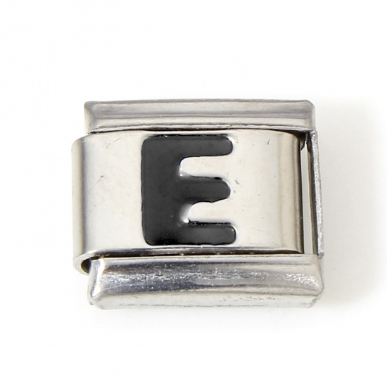 Picture of 1 Piece 304 Stainless Steel Italian Charm Links For DIY Bracelet Jewelry Making Silver Tone Black Rectangle Initial Alphabet/ Capital Letter Message " E " Enamel 10mm x 9mm