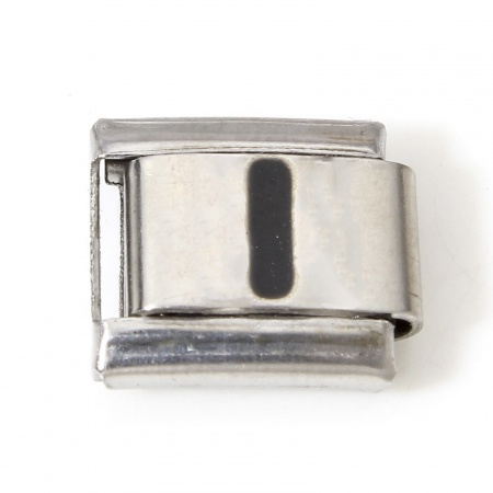 Picture of 1 Piece 304 Stainless Steel Italian Charm Links For DIY Bracelet Jewelry Making Silver Tone Black Rectangle Initial Alphabet/ Capital Letter Message " I " Enamel 10mm x 9mm