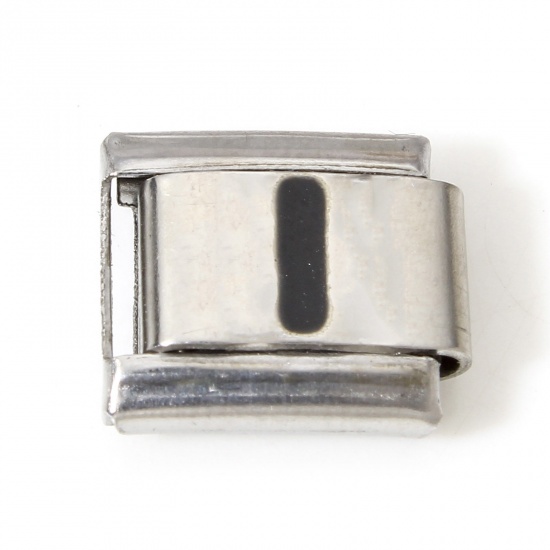 Picture of 1 Piece 304 Stainless Steel Italian Charm Links For DIY Bracelet Jewelry Making Silver Tone Black Rectangle Initial Alphabet/ Capital Letter Message " I " Enamel 10mm x 9mm