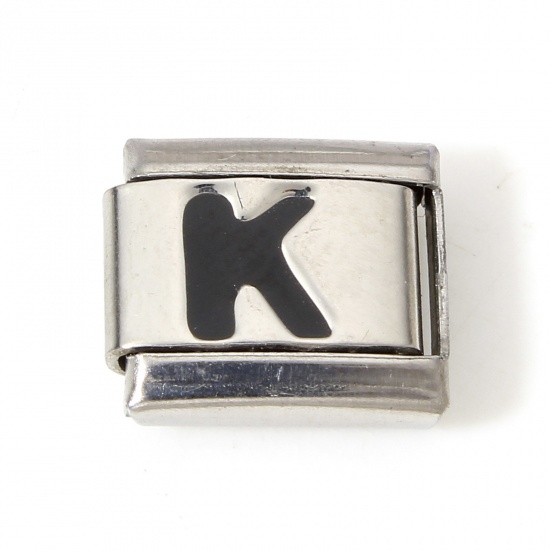 Immagine di 1 Pz 304 Acciaio Inossidabile Bracciale con Charm Italiano a Maglie, Creazione di Gioielli Fai-da-te Tono Argento Nero Rettangolo Lettera Maiuscola Messaggio " K " Smalto 10mm x 9mm