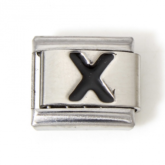 Picture of 1 Piece 304 Stainless Steel Italian Charm Links For DIY Bracelet Jewelry Making Silver Tone Black Rectangle Initial Alphabet/ Capital Letter Message " X " Enamel 10mm x 9mm