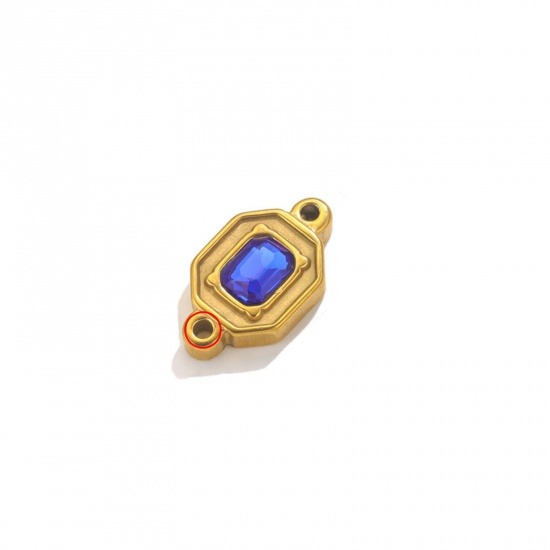 Picture of 1 Piece Eco-friendly Vacuum Plating 304 Stainless Steel Connectors Charms Pendants 18K Gold Color Rectangle Royal Blue Rhinestone 24mm x 13.5mm