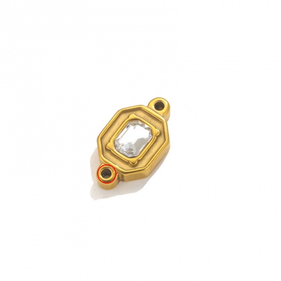 Picture of 1 Piece Eco-friendly Vacuum Plating 304 Stainless Steel Connectors Charms Pendants 18K Gold Color Rectangle Clear Rhinestone 24mm x 13.5mm