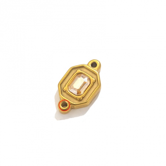 Picture of 1 Piece Eco-friendly Vacuum Plating 304 Stainless Steel Connectors Charms Pendants 18K Gold Color Rectangle Champagne Rhinestone 24mm x 13.5mm