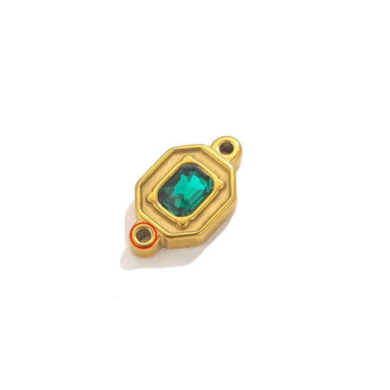 Picture of 1 Piece Eco-friendly Vacuum Plating 304 Stainless Steel Connectors Charms Pendants 18K Gold Color Rectangle Green Rhinestone 24mm x 13.5mm