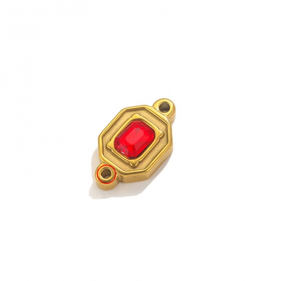 Picture of 1 Piece Eco-friendly Vacuum Plating 304 Stainless Steel Connectors Charms Pendants 18K Gold Color Rectangle Red Rhinestone 24mm x 13.5mm