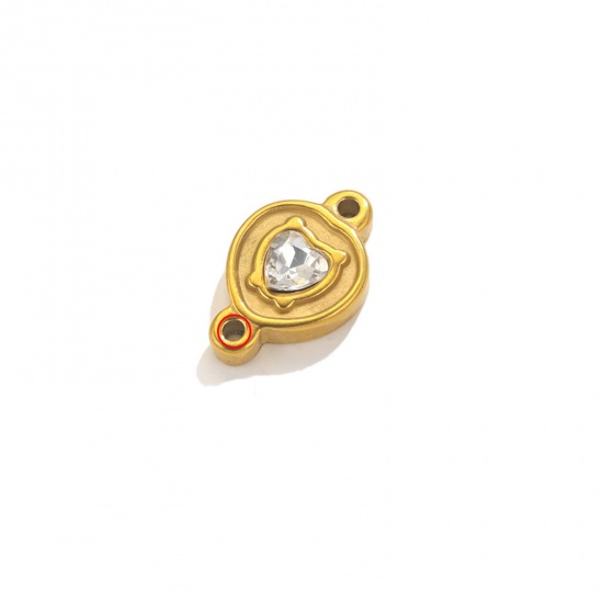 Picture of 1 Piece Eco-friendly Vacuum Plating 304 Stainless Steel Connectors Charms Pendants 18K Gold Color Heart Clear Rhinestone 21mm x 13.5mm