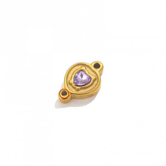 Picture of 1 Piece Eco-friendly Vacuum Plating 304 Stainless Steel Connectors Charms Pendants 18K Gold Color Heart Purple Rhinestone 21mm x 13.5mm