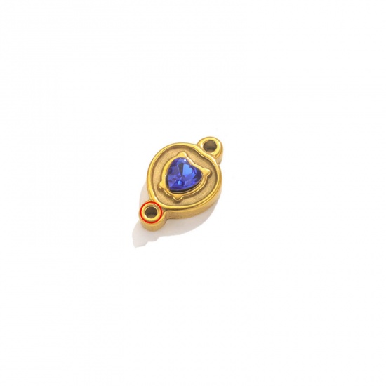 Picture of 1 Piece Eco-friendly Vacuum Plating 304 Stainless Steel Connectors Charms Pendants 18K Gold Color Heart Royal Blue Rhinestone 21mm x 13.5mm