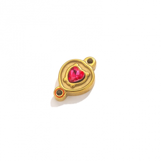 Picture of 1 Piece Eco-friendly Vacuum Plating 304 Stainless Steel Connectors Charms Pendants 18K Gold Color Heart Fuchsia Rhinestone 21mm x 13.5mm