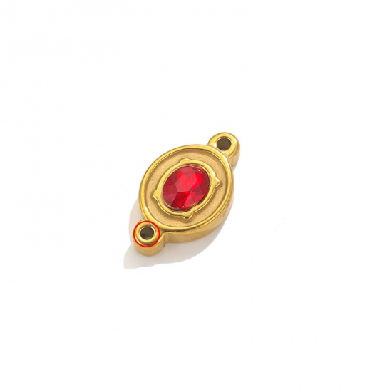 Picture of 1 Piece Eco-friendly Vacuum Plating 304 Stainless Steel Connectors Charms Pendants 18K Gold Color Oval Red Rhinestone 23mm x 13.5mm