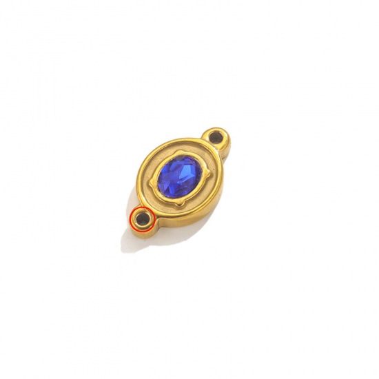 Picture of 1 Piece Eco-friendly Vacuum Plating 304 Stainless Steel Connectors Charms Pendants 18K Gold Color Oval Royal Blue Rhinestone 23mm x 13.5mm