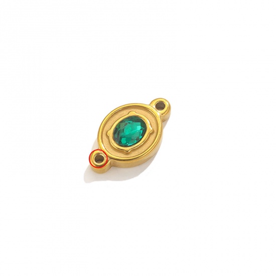 Picture of 1 Piece Eco-friendly Vacuum Plating 304 Stainless Steel Connectors Charms Pendants 18K Gold Color Oval Green Rhinestone 23mm x 13.5mm