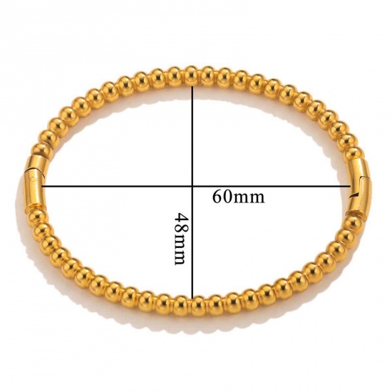 Picture of 1 Piece Eco-friendly Vacuum Plating 304 Stainless Steel Bangles Bracelets 18K Gold Color Beaded 60mm x 48mm