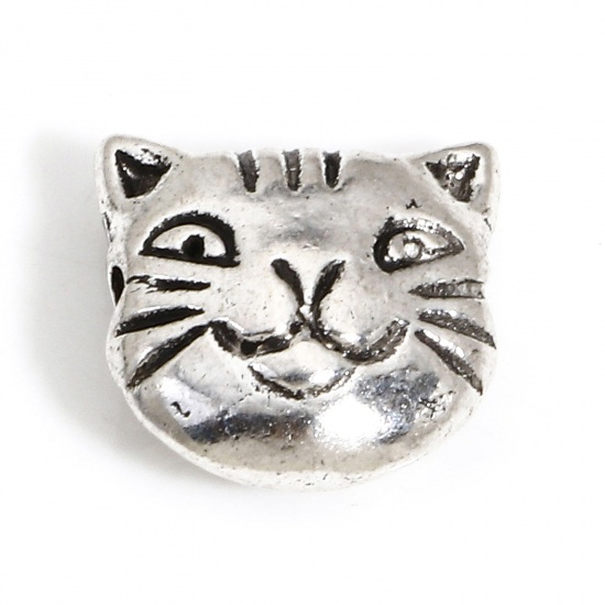 Bild von 50 Stück Zinklegierung Zwischenperlen Spacer Perlen für die Herstellung von DIY-Charme-Schmuck Antiksilber Katze ca. 11mm x 11mm, Loch:ca. 1.4mm
