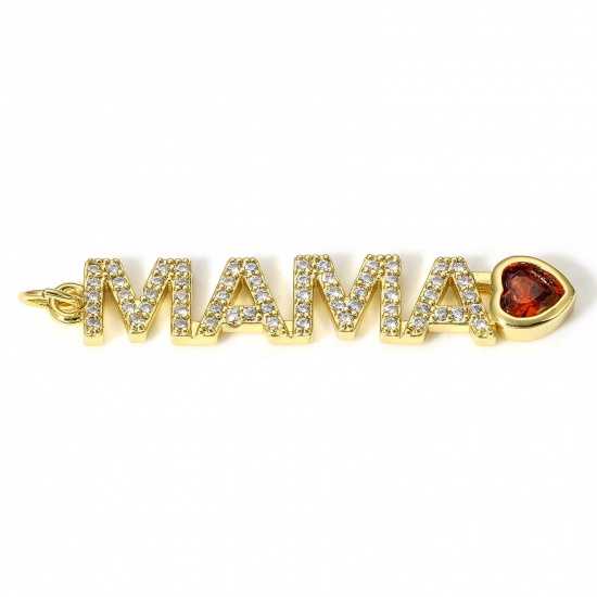 Picture of 1 Piece Brass Mother's Day Connectors Charms Pendants 18K Real Gold Plated Red Micro Pave Clear Cubic Zirconia Message " Mama " 4.4cm x 0.7cm