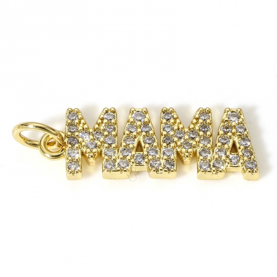 Picture of 1 Piece Brass Mother's Day Connectors Charms Pendants 18K Real Gold Plated Micro Pave Clear Cubic Zirconia Message " Mama " 24mm x 7mm