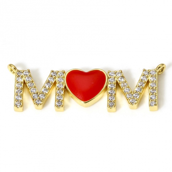 Picture of 1 Piece Brass Mother's Day Connectors Charms Pendants 18K Real Gold Plated Red Micro Pave Clear Cubic Zirconia Message " Mom " 3.2cm x 1cm