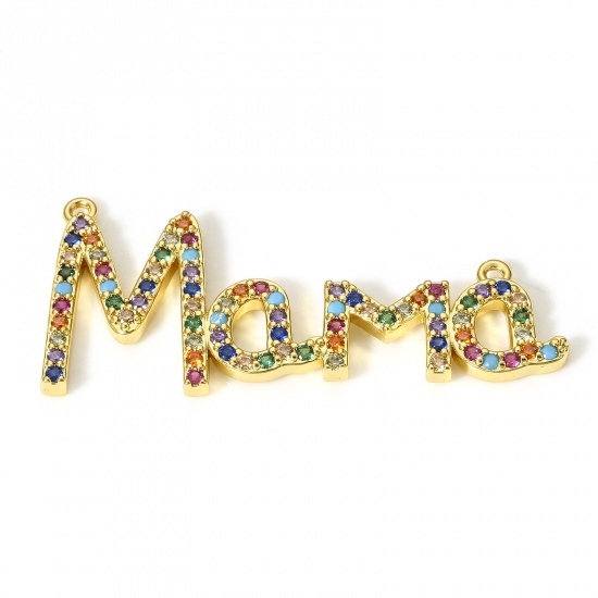 Picture of 1 Piece Brass Mother's Day Connectors Charms Pendants 18K Real Gold Plated Micro Pave Multicolour Cubic Zirconia Message " Mama " 3.9cm x 1.7cm