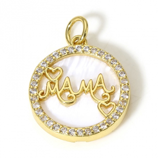 Picture of 1 Piece Natural Shell & Brass Mother's Day Charms 18K Real Gold Plated Round Message " Mama " Micro Pave Clear Cubic Zirconia 22mm x 16mm