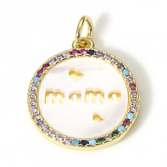 Picture of 1 Piece Natural Shell & Brass Mother's Day Charms 18K Real Gold Plated Round Message " Mama " Micro Pave Multicolour Cubic Zirconia 22mm x 16.5mm