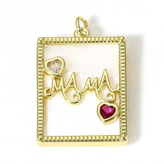 Picture of 1 Piece Natural Shell & Brass Mother's Day Charms 18K Real Gold Plated Rectangle Message " Mama " Multicolour Cubic Zirconia 28mm x 17mm