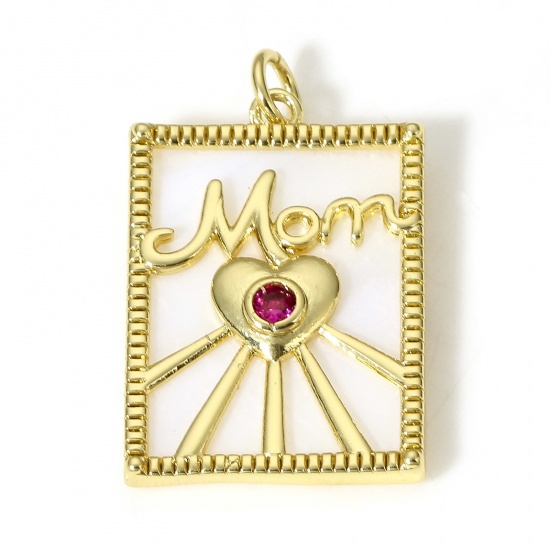 Picture of 1 Piece Natural Shell & Brass Mother's Day Charms 18K Real Gold Plated Rectangle Heart Message " Mom " Red Cubic Zirconia 28mm x 17mm