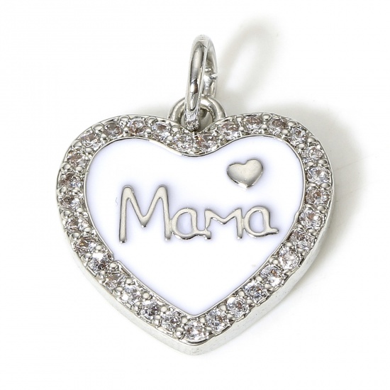 Picture of 1 Piece Brass Mother's Day Charms Real Platinum Plated Heart Message " Mama " Micro Pave Clear Cubic Zirconia 18mm x 14mm