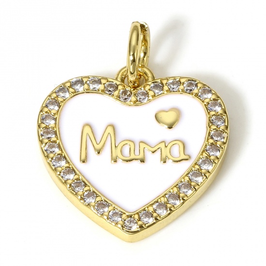 Picture of 1 Piece Brass Mother's Day Charms 18K Real Gold Plated Heart Message " Mama " Micro Pave Clear Cubic Zirconia 18mm x 14mm