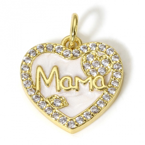 Picture of 1 Piece Brass Mother's Day Charms 18K Real Gold Plated Heart Message " Mama " Micro Pave Clear Cubic Zirconia 18mm x 14mm