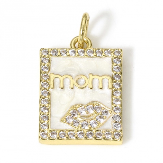 Picture of 1 Piece Brass Mother's Day Charms 18K Real Gold Plated Rectangle Lip Message " Mom " Micro Pave Clear Cubic Zirconia 20mm x 11mm