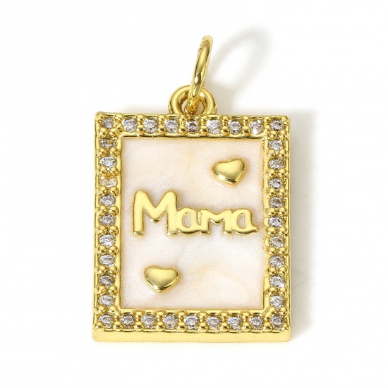 Picture of 1 Piece Brass Mother's Day Charms 18K Real Gold Plated White Rectangle Message " Mama " Micro Pave Clear Cubic Zirconia 21mm x 12.5mm