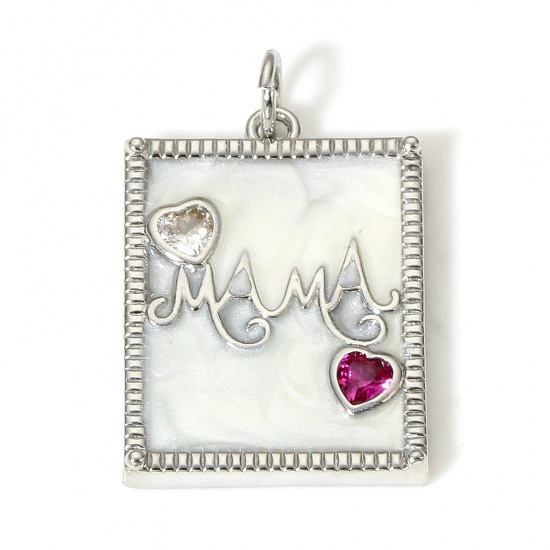 Picture of 1 Piece Brass Mother's Day Charms Real Platinum Plated White Rectangle Message " Mama " Clear & Red Cubic Zirconia 26mm x 16mm