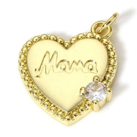 Bild von 1 Stück Messing Muttertag Charms 18K Echtgold plattiert Herz Message Mama " Klar Zirkonia 19mm x 14mm