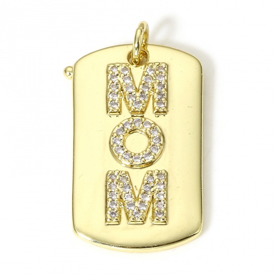 Bild von 1 Stück Messing Muttertag Charms 18K Echtgold plattiert Rechteck Message Mom " Micro Pave Klar Zirkonia 28mm x 14mm