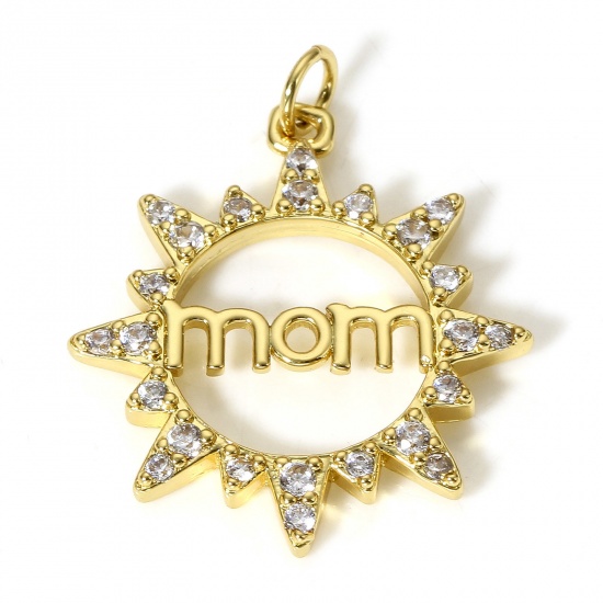 Bild von 1 Stück Messing Muttertag Charms 18K Echtgold plattiert Sonne Message Mom " Micro Pave Klar Zirkonia 23mm x 19mm