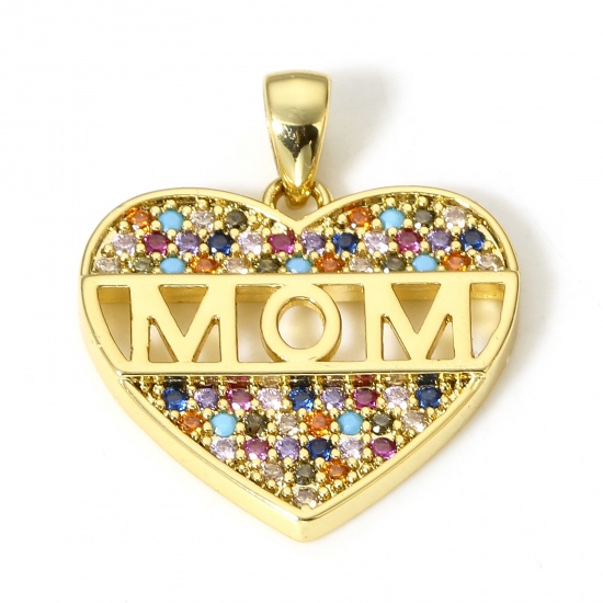 Bild von 1 Stück Messing Muttertag Charm-Anhänger 18K Echtgold plattiert Herz Message Mom " Micro Pave Bunt Zirkonia 22mm x 18mm