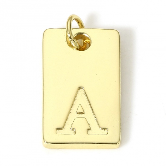 Picture of 1 Piece Copper Charms 18K Real Gold Plated Rectangle Initial Alphabet/ Capital Letter Message " A " 19mm x 10mm