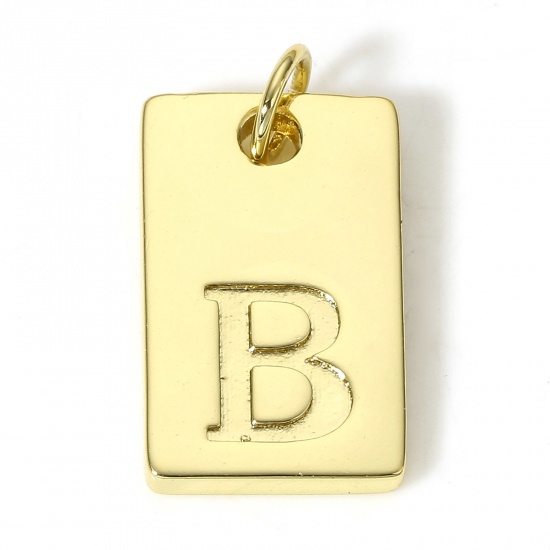 Picture of 1 Piece Copper Charms 18K Real Gold Plated Rectangle Initial Alphabet/ Capital Letter Message " B " 19mm x 10mm
