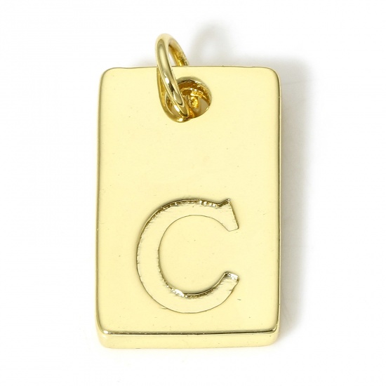 Picture of 1 Piece Copper Charms 18K Real Gold Plated Rectangle Initial Alphabet/ Capital Letter Message " C " 19mm x 10mm