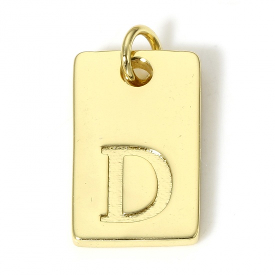 Picture of 1 Piece Copper Charms 18K Real Gold Plated Rectangle Initial Alphabet/ Capital Letter Message " D " 19mm x 10mm