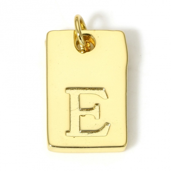 Picture of 1 Piece Copper Charms 18K Real Gold Plated Rectangle Initial Alphabet/ Capital Letter Message " E " 19mm x 10mm