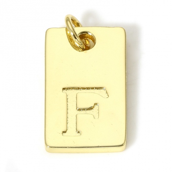 Picture of 1 Piece Copper Charms 18K Real Gold Plated Rectangle Initial Alphabet/ Capital Letter Message " F " 19mm x 10mm