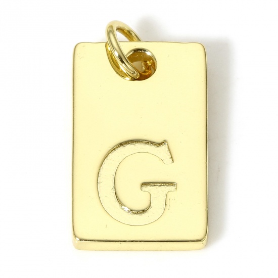 Picture of 1 Piece Copper Charms 18K Real Gold Plated Rectangle Initial Alphabet/ Capital Letter Message " G " 19mm x 10mm