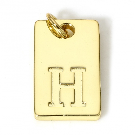 Picture of 1 Piece Copper Charms 18K Real Gold Plated Rectangle Initial Alphabet/ Capital Letter Message " H " 19mm x 10mm