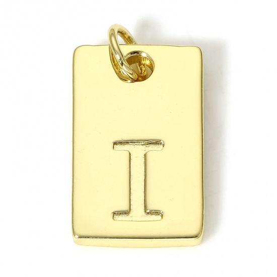 Picture of 1 Piece Copper Charms 18K Real Gold Plated Rectangle Initial Alphabet/ Capital Letter Message " I " 19mm x 10mm