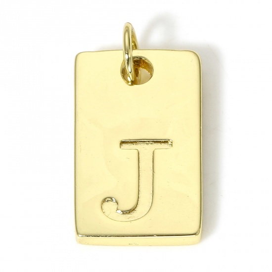 Picture of 1 Piece Copper Charms 18K Real Gold Plated Rectangle Initial Alphabet/ Capital Letter Message " J " 19mm x 10mm