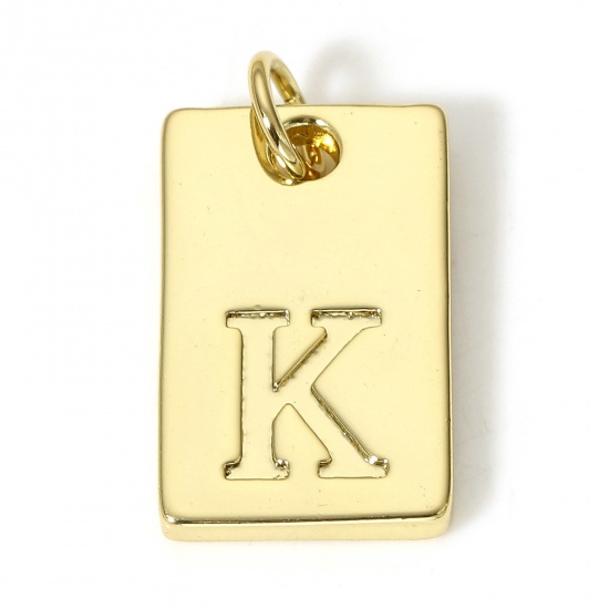 Picture of 1 Piece Copper Charms 18K Real Gold Plated Rectangle Initial Alphabet/ Capital Letter Message " K " 19mm x 10mm