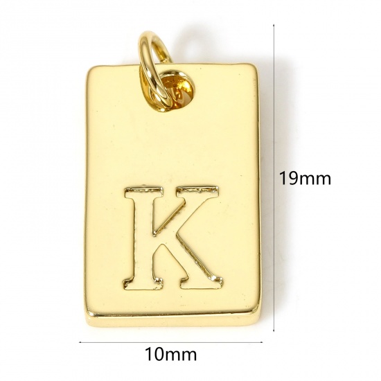 Picture of 1 Piece Brass Charms 18K Real Gold Plated Rectangle Initial Alphabet/ Capital Letter Message " K " 19mm x 10mm