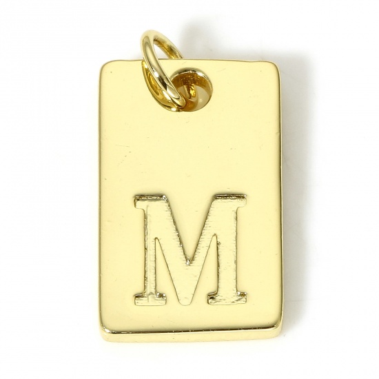 Picture of 1 Piece Copper Charms 18K Real Gold Plated Rectangle Initial Alphabet/ Capital Letter Message " M " 19mm x 10mm